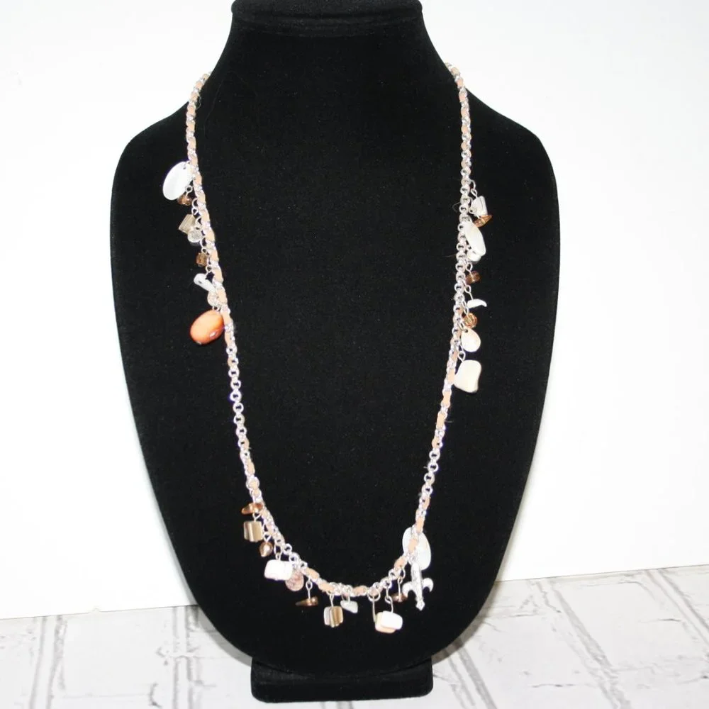 🐚 Silver, Peach & Shell Charm Necklace · 36” Statement Length